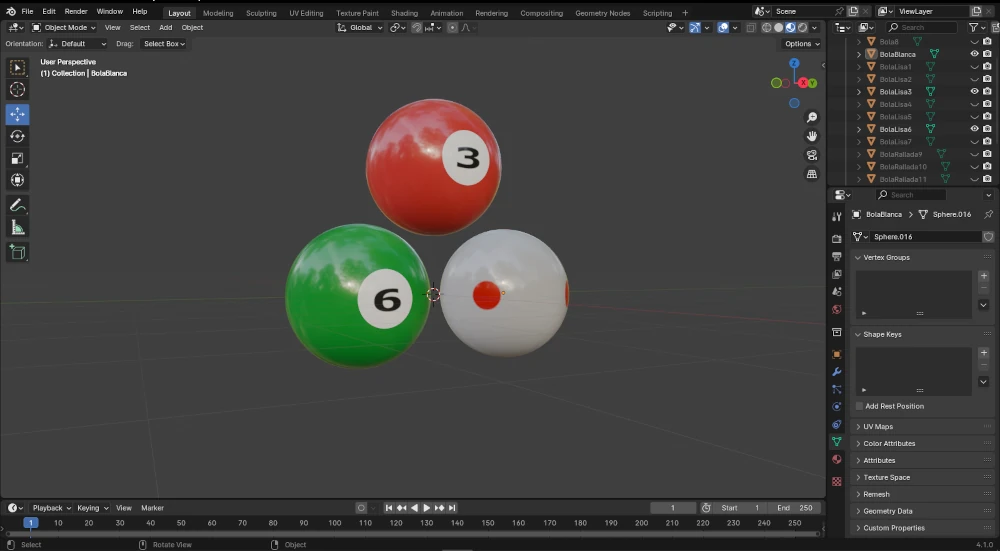 Detalle de bolas en Pool 3D Proyect